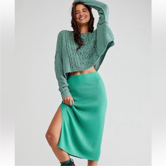 Free People Golden Hour Midi Skirt | Size L | NWT | Green Knit Ribbed - Picture 3 of 11